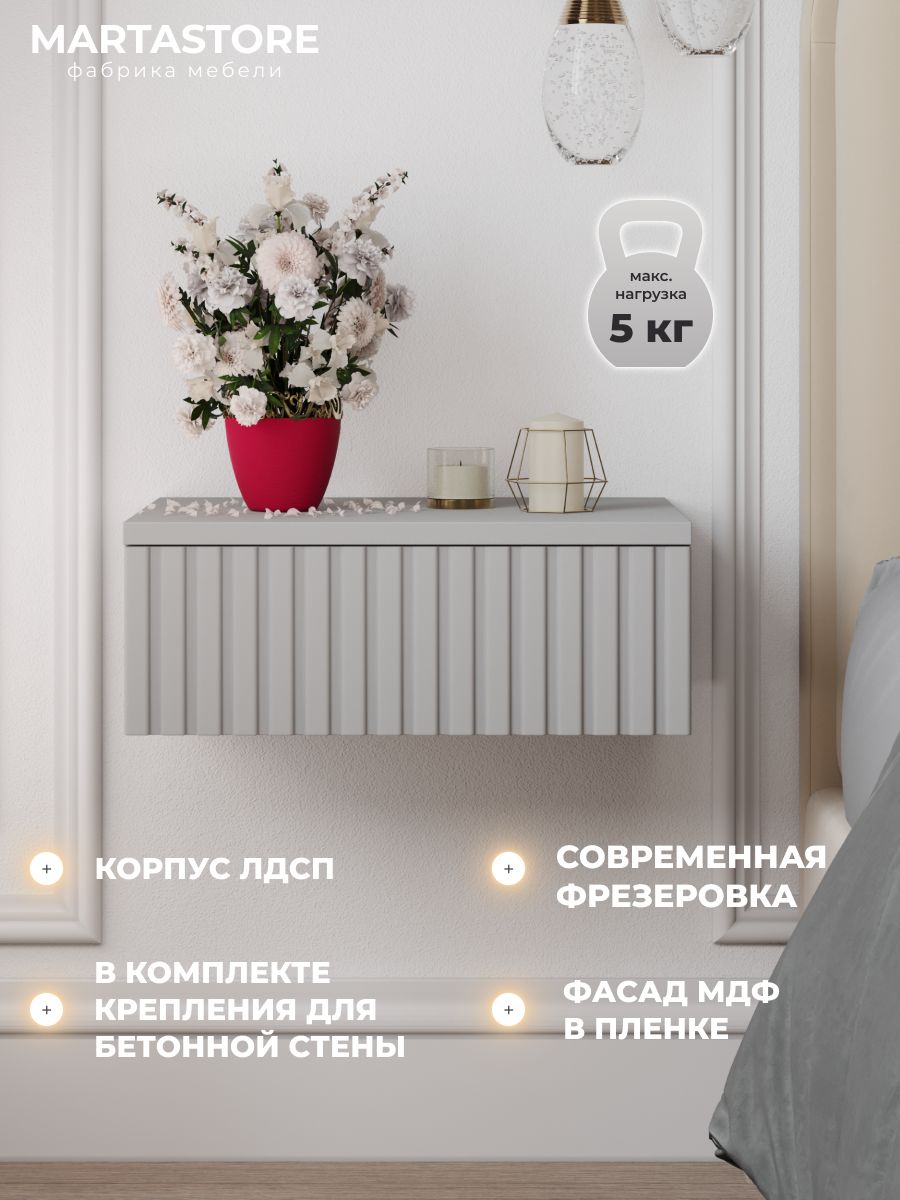 Прикроватная навесная тумба серая 40 см  Rumba_0.4_17+1 MARTASTORE